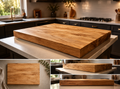 Wooden cutting board on a kitchen counter with close-up details.