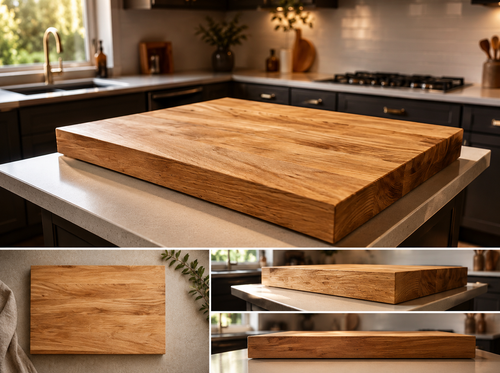 Wooden cutting board on a kitchen counter with close-up details.