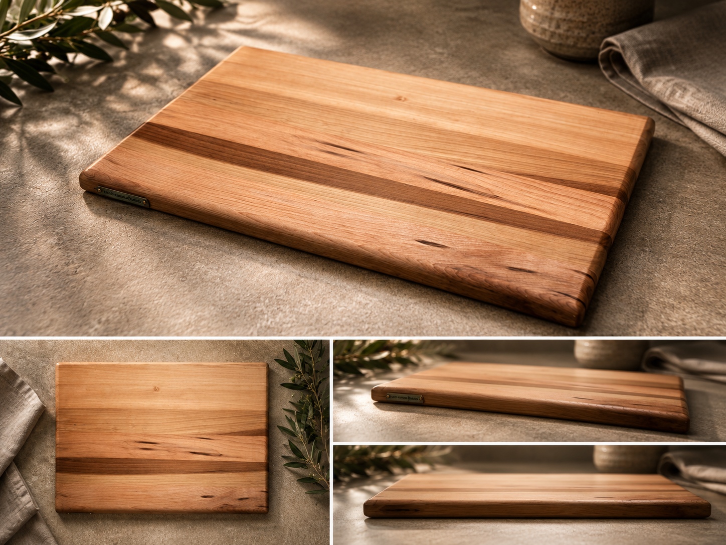 Wooden cutting board on a textured surface with a plant in the corner